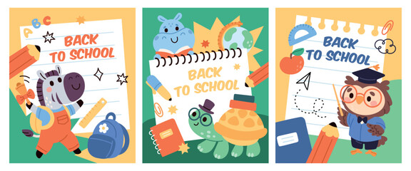 Fototapeta premium Back to school animals. Funny little zebra, hippopotamus, smart turtle, owl students, educational supplies, wisdom cute characters, posters and banners design, garish vector cartoon set