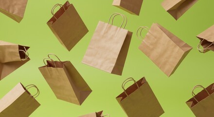 Scattered brown paper bags with handles float against a solid light green background, creating a dynamic pattern