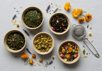 Assortment of tea leaves and flowers in wooden bowls
