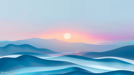 Sunrise over mountains, colorful Nowruz Day logo, minimal banner, pastel blue background, soft lighting, vector style, festive and serene