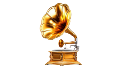 Vintage gramophone with golden horn and wooden base, symbolizing classic music and nostalgia in retro design