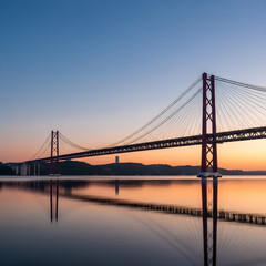 A calm and reflective sunset view of the 25 de Abril Bridge over the Tagus River in Lisbon