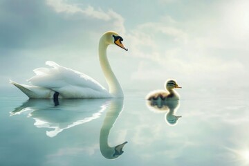 Fototapeta premium Serene Swan and Duckling Swimming Together on Calm Water Surface