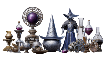 Magical Alchemy Scene with Potions, Artifacts, and Wizard in a Mystical Setting