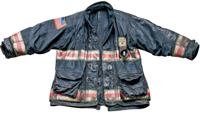 Vintage Firefighter Jacket with Distressed Appearance and American Flag Patch, Isolated on White Background