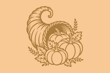 Thanksgiving Day cornucopia full with pumpkins. Vector illustration.