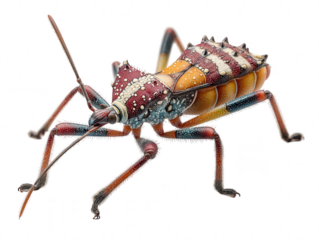 Detailed macro view of a spiked colorful assassin bug isolated on transparent background