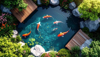 Zen garden with koi fish. Top-down view