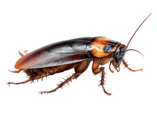 Detailed macro view of a large cockroach isolated on transparent background