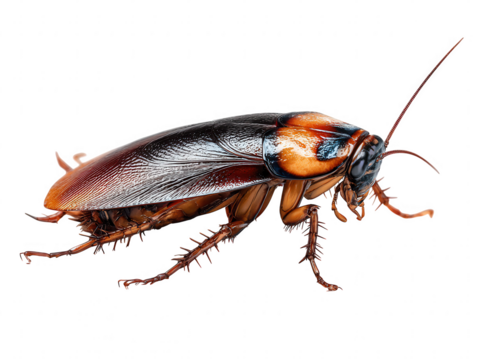 Detailed macro view of a large cockroach isolated on transparent background