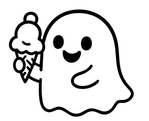Cute little ghost happily eating ice cream cone, adorable smiling spirit holding sweet frozen dessert