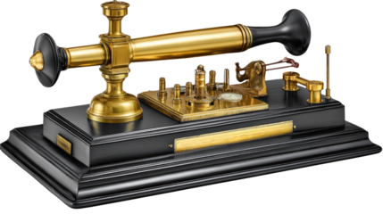 Vintage telegraph machine with brass components and intricate details on a polished wooden base