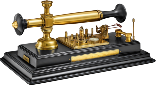 Vintage telegraph machine with brass components and intricate details on a polished wooden base