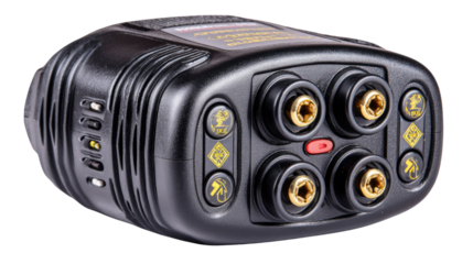 Compact audio interface with multiple input and output connections for professional sound applications