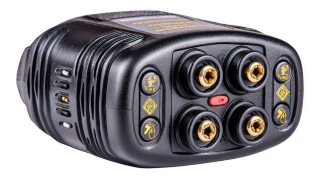 Compact audio interface with multiple input and output connections for professional sound applications