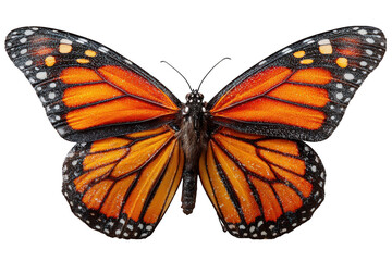 Detailed macro view of a monarch butterfly with orange and black wings isolated on transparent background
