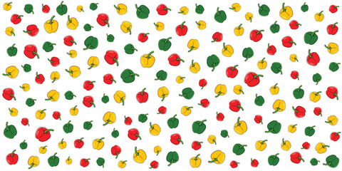 Bright capsicums in red, yellow, and green create a playful and colorful seamless pattern.