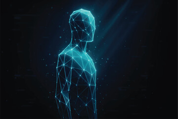Futuristic vector wireframe of human figure made with glowing triangular mesh, representing data, technology, and digital health interface.