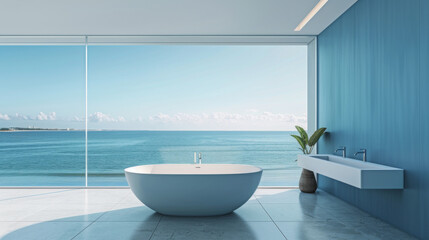 Bright minimalist bathroom with freestanding bathtub and ocean view. Blue walls create a calm atmosphere.