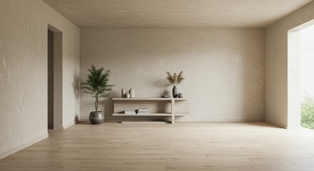 Minimalist room with light beige walls, wood floors, a low shelf holding decor, a potted plant, and a large window revealing greenery