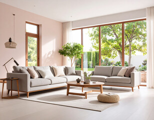 Relaxing living room with modern furniture bright natural light interior design inspiration cozy atmosphere peaceful view contemporary concept