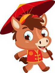 Cute Chinese New Year Horse Cartoon Character
Walking With Traditional Umbrella