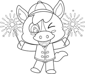 Cute Chinese New Year Horse Cartoon Character Holding Sparklers and Winking - Black and White Vector Hand Drawn Illustration Isolated On Transparent Background