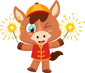 Cute Chinese New Year Horse Cartoon Character Holding
Sparklers and Winking 