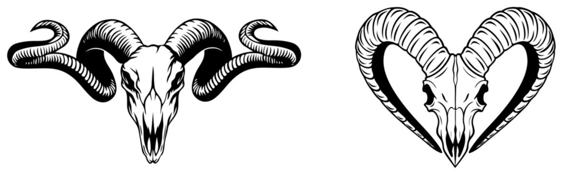 Ram skulls with twisted horns, demonic skeletal heads from the abyss, one shaped into a heart of bones, symbols of death, sacrifice and cursed love, haunting occult imagery for dark gothic art and tat