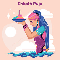 Chhath Pooja to Sun God in traditional festival of Bihar India illustration