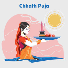 Chhath Pooja to Sun God in traditional festival of Bihar India illustration