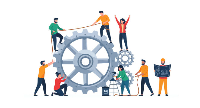 Collaborative effort of a diverse team working on a giant gear, symbolizing business process and innovation.