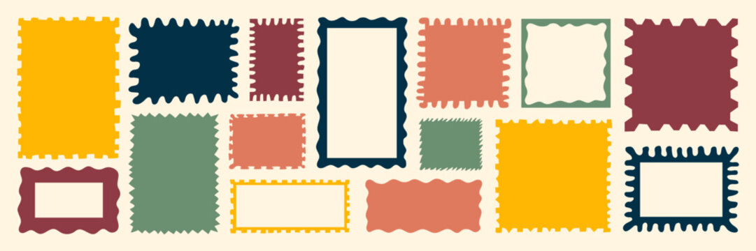 Colorful retro postage stamp shapes with decorative borders in various styles and sizes. Vintage mail and correspondence concept