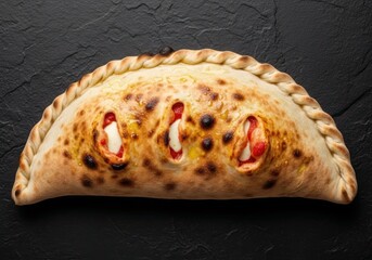 Authentic Italian calzone pizza with mozzarella and tomato sauce, top view on black stone
