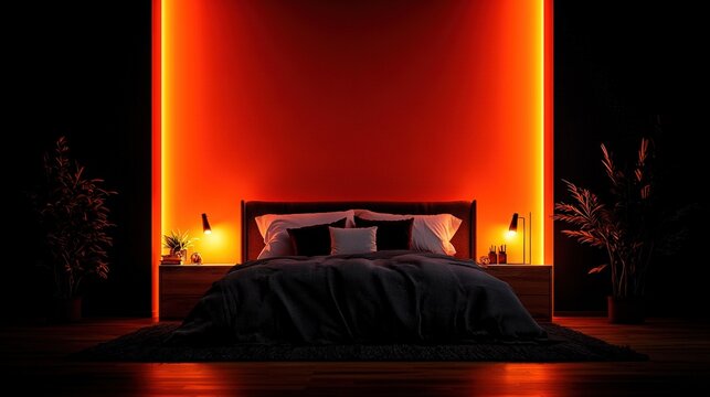   Dimly lit room with two lamps on each side of the bed and a plant opposite it