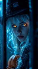 Enigmatic witch with glowing eyes holding pumpkin for halloween poster design