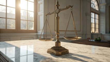 Balanced silver scales of justice resting on a dark, reflective marble tabletop in a formal setting.