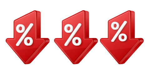 Three Red Percentage Down Arrows Symbolizing Sales and Discounts Offering Financial Savings for Consumers and Businesses Alike