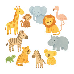 Fototapeta premium PNG Cute watercolor safari animals illustration.