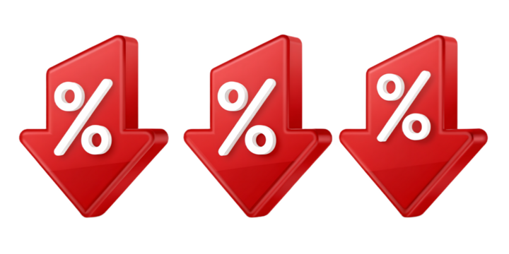 Three Red Percentage Down Arrows Symbolizing Sales and Discounts Offering Financial Savings for Consumers and Businesses Alike