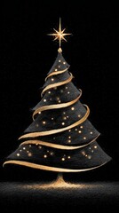 Elegant christmas tree with golden lights and starry top for holiday decoration