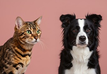 Obraz premium Bengal cat and border collie dog posed together against a pink background
