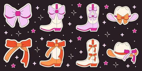 Set of Cowgirl Stickers. Vector Design Elements. Collection of Boots and Hats.