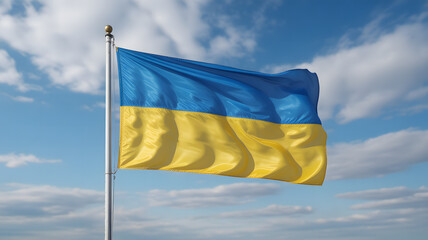 Proudly waving Ukrainian flag against a stunning blue sky, showcasing patriotism and national identity with vibrant yellow and blue colors