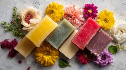 Handmade natural soaps in vibrant colors beautifully arranged with fresh flowers and greenery for luxury skincare