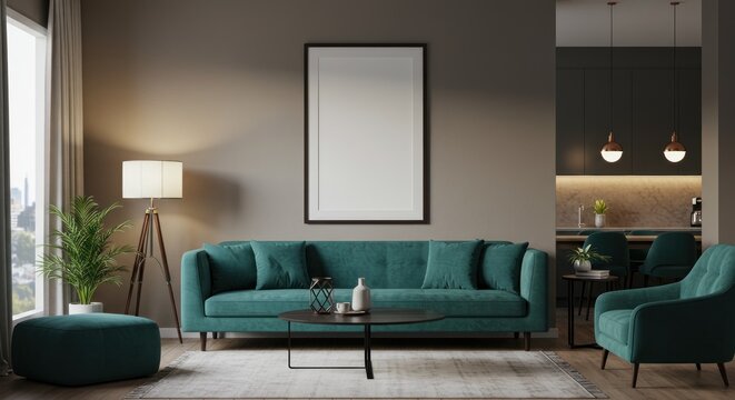 Teal-colored living room with a neutral wall and a blank art print