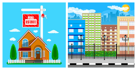 Wooden house with a real estate sign and urban multi-story buildings, city and suburban property concept.
