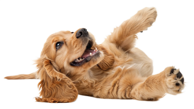 High-resolution studio photograph of a cute golden cocker spaniel puppy lying on its back, playful and happy expression with wide eyes and open mouth