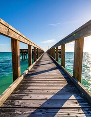 Wooden pier extending to horizon, vibrant sky, tranquil water