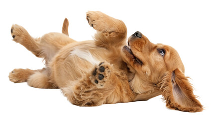 High-resolution studio photograph of a cute golden cocker spaniel puppy lying on its back, playful and happy expression with wide eyes and open mouth